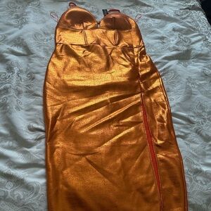 Fashion Nova metallic orange high slit dress